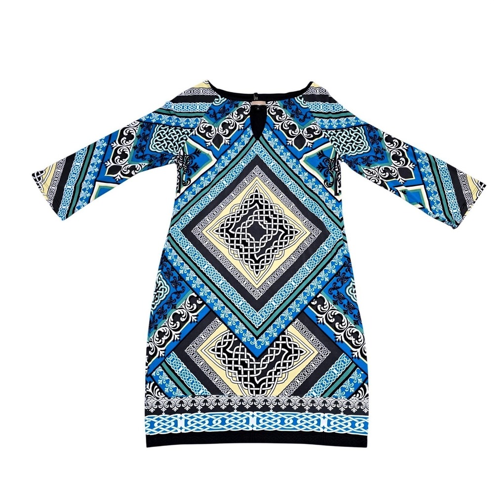Laundry by Shelli Segal Blue Geometric Shift Dress Keyhole Neck 3/4‎ Womens S